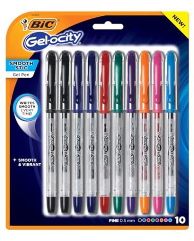 BIC® Gel-ocity Smooth Stic Gel Pens, Fine Point, 0.5 mm, Clear Barrels, Assorted Ink Colors, Pack of 10 Pens