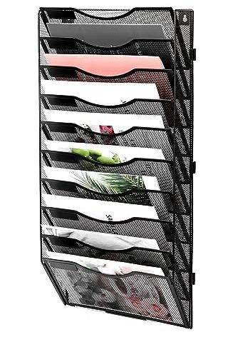 EasyPAG Wall File Holder Organizer 10 Pocket Mesh Hanging Wall Mounted Document Paper Folder Filing Magazine Rack with Nametag Label for Office Home School, Black