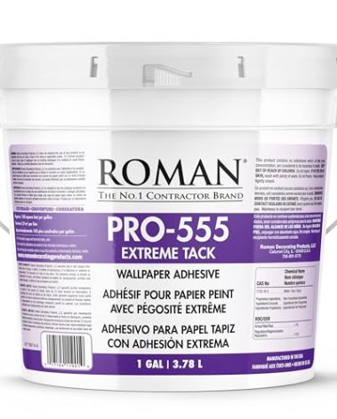 Roman PRO-555 Extreme Tack Wallpaper Adhesive Paste, Permanent Bond, Durable, Low Moisture, Easy Application, Tan, 1 Gallon (160 sq. ft.)