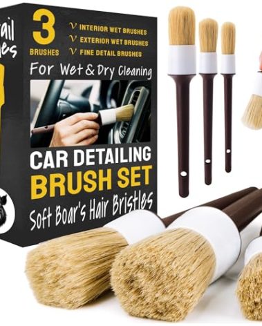 Detail Dudes Soft Boar Hair Car Detailing Brush Set - 3-Pack, Brown - Car Detailing Kit for Versatile Uses - Soft Bristles Cleaning Brush - Water-Resistant Handles