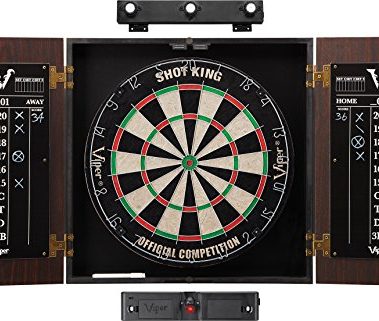 Viper Stadium Cabinet & Shot King Sisal/Bristle Dartboard Play-Ready Bundle: Elite Set (Shot King Dartboard, Darts, Shadow Buster and Laser Throw Line), Black (40-1213)