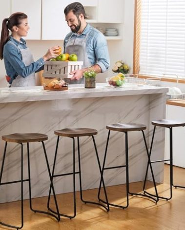 HeuGah Bar Stools Set of 4, Saddle Seat Wooden Barstools for Kitchen Island, 30" Brown Bar Height Stools with Footrest (Brown, 4 PCS 30Inch Barstool)