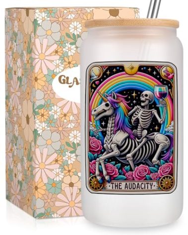Fairy's Gift the Audacity Iced Coffee Cups, Cute Goth 16 oz Frosted Glass Tumbler w/Lid Straw, Gothic Skull Cup, Spooky Skeleton Glass Tumbler, Christmas Birthday, Witchy Gifts for Women Tarot Lovers