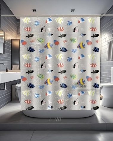 Smowfes See Through Shower Curtain for Bathroom - Waterproof Fish Design Decorative Transparent Bath Curtain, 71x71 Inches Lightweight Privacy Plastic Liner with 12 Hooks