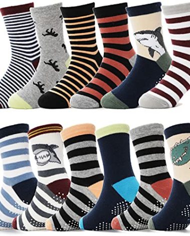 ANTSANG Baby Boys Grips Socks Kids Toddlers Infants Gifts Non Slip/Anti Skid Crew Cotton Socks 12 Pairs Gifts for Boys Kids Stocking Stuffers (Brown Striped(12 Pairs),3-5 Y)