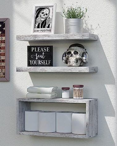 RICHER HOUSE Floating Shelves Set of 3, Farmhouse Bathroom Wall Mounted Shelves with Invisible Brackets Over Toilet, Wall Shelves for Bathroom Bedroom, Living Room, Kitchen - Rustic White
