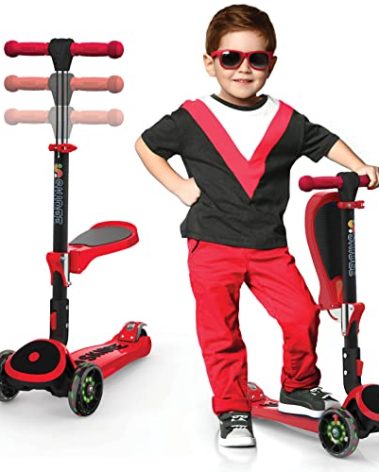 SKIDEE Kick Scooter for Kids Ages 3-5 | Foldable 3 Wheel Scooter with Lean-to-Steer, Adjustable Height, Removable Seat & LED Light Wheels | Toddler Scooter Up to 12 Year Old Boys/Girls, Red
