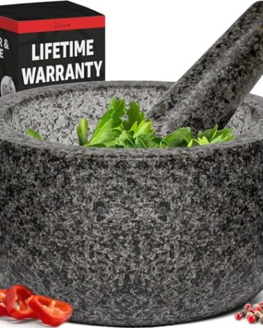 Priority Chef Heavy Duty Large Mortar and Pestle Set, 100% Granite, Non Slip Base, Make Fresh Guacamole, Salsa, Pesto, Stone Grinder Bowl, Herb Crusher, Spice Grinder, 4 Cup - Black