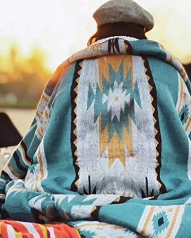 Aztec Patterned Throw Blanket with Soft Sherpa Lining 104”x90”, Traditional Southwestern Navajo Tribal Style Warm Throw for Home Decor, Light Weight Cozy Boho Blanket for Bed, Couch, Sofa, Teal