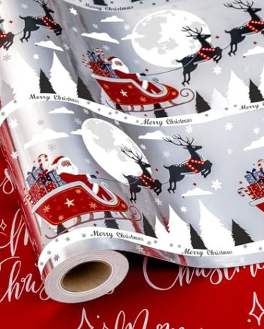 MAYPLUSS Reversible Christmas Wrapping Paper - 17 Inch X 33 Feet - Creative Red Santa Claus Riding a Sleigh Delivering Presents with Metallic Foil Design Winter Gift Wrap Paper for Holiday, New Year