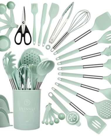 QMVESS Silicone Cooking Utensils Set, 28 Pcs Non-Stick Kitchen Utensils Set with Holder, 446°F Heat Resistant Spatula, Tongs, Spoons Set with Stainless Steel Handle Kitchen Gadgets (Light Green)