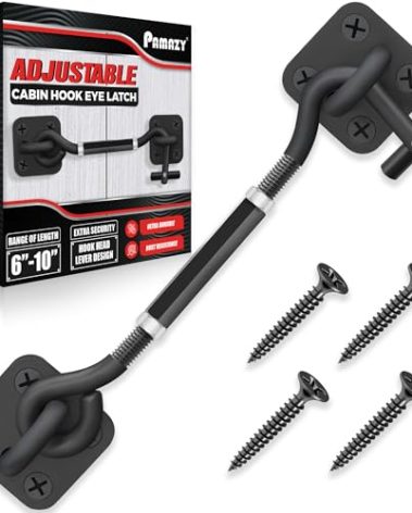 [Upgrade Adjustable] 6”-10” Cabin Hook Eye Latch Gate, Heavy Duty 4 Mounting Points Bracket, Barn Door Lock Latch, Durable Door Swivel Window Hook Lock for Sliding Door, Outdoor, Window, Cabinet