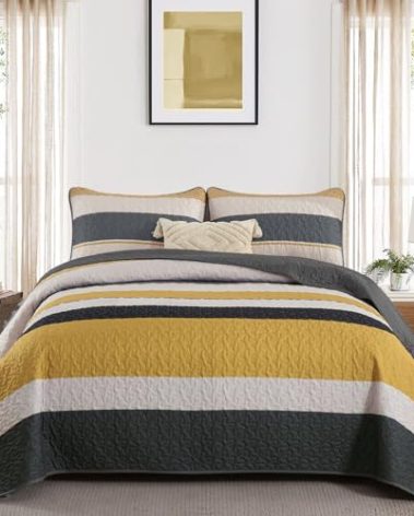 Dinjoy Boho Queen Quilt Set, Striped Bedspread Coverlet Bed Yellow Bedding Sets 3 Pieces Micofiber Lightweight Quilts Sets with 2 Pillow Shams for Summer 96''x90