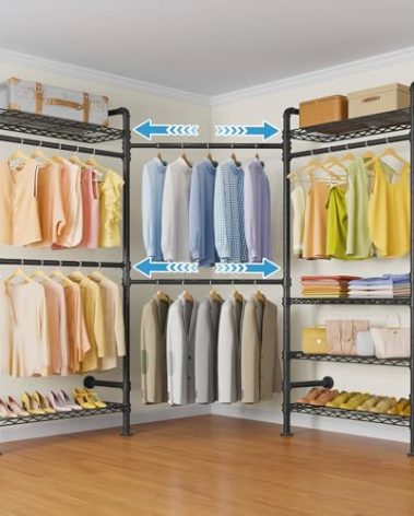 Timate L3 L Shape Garment Rack Heavy Duty Clothes Rack for Hanging Clothes, Expandable Industrial Pipe Wall Mounted Clothing Rack, Adjustable Corner Closet Wardrobe Closet Kit Closet Systems, Black