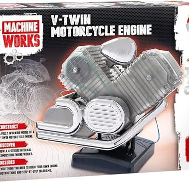 Machine Works Bulld Your Own V-Twin Motorcycle Engine Toy - Replica Model Building Kit - Features Sounds and Illumination, 150+ Pieces, 10+ Years