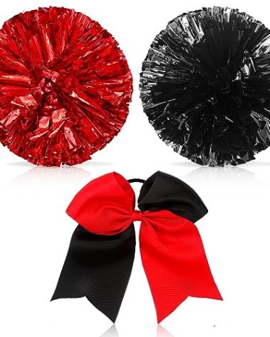 Set of 3 12 Inch Cheerleading Pom Poms and Large Cheerleader Ponytail Bow Holder for Girl Large Metallic Cheerleader Pom Poms for Sports Team Cheering (Red and Black)