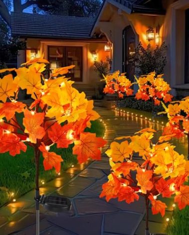2Pack Fall Solar Lights Outdoor Waterproof,40LED 80 Maple Leaves Solar Garden Lights Outside, Autumn Artificial Tree Pathway Lights for Patio,Halloween,Thanksgiving,Fall Decoration