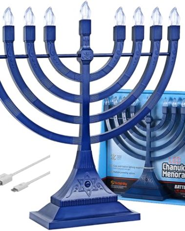 Zion Judaica Blue Electronic Hanukkah Menorah Powered by Batteries or USB 4' Cable Included Flameless Chanukkah Candles Holder LED Electric Minorah Bulbs Chanukah Deco Chanukkiah