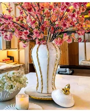 Ginger Jar, White Gold Ceramic Vase Large Handmade Porcelain Vases with Lid, White Gold Decorative Flower Vase for Home, Living Room, Weddings, Centerpieces (18in with Lid)