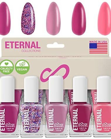 Eternal Glitter Nail Polish Set for Women (PINKFETTI) - Hot Pink Nail Polish Set for Girls | Long Lasting & Quick Dry Natural Nail Polish Kit for Home DIY Mani Pedi | Made in USA, 13.5mL (Set of 5)