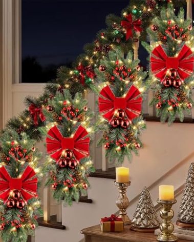 Julako Christmas Teardrop Swag for Decorating, 24" Prelit Cordless Stair Decorations with Lights, 1 Pcs Artificial Christmas Garland Wreath for Staircase Front Door Home Window Decor (Red & Green)