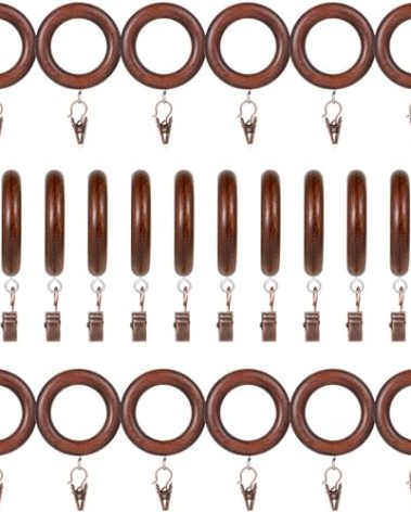 24 Pack Wooden Curtain Rod Rings with Drapery Clips Farmhouse Beech Wood Drapes Rings 1.8 Inch Interior Diameter Rustic for 1.4 Inch Curtain Rod Pole (Retro Brown, Inner Dia 1.8 in)