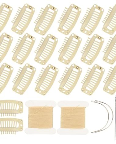 YUXIANG 20 Pieces Hair Extension Clips, 9 Teeth Stainless Steel Clips for Wigs, Hair Bangs, Toppers, Toupees with Needle and Thread Sets (Beige)