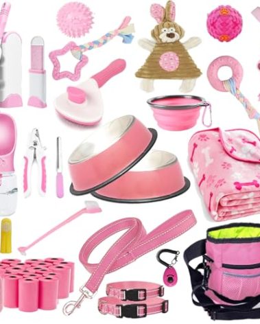 Lobeve Puppy Supplies Starter Kit - 39-Piece Set of Puppy Essentials and Dog Stuff.Includes Dog Leash, Toys, Bowl, Brushes,and More.Perfect Welcome Home Present for Your New Puppies-Pink