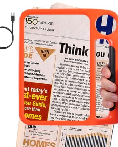 Rocnim 5X 10X Full Page Magnifying Glass for Reading, Rechargeable with 48 Adjustable LED Lights & 3 Light Modes, Comfort-Grip & Lightweight Handheld Magnifier for Seniors, Reading Aid, Low Vision