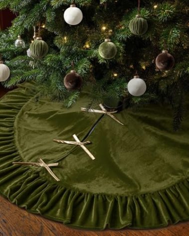 Vertintong 48 Inches Velvet Christmas Tree Skirt Olive Green with Gold Bow Fur Plush Tree Skirt Luxury Xmas Skirts for Merry Christmas Party Vintage Holiday Decorations
