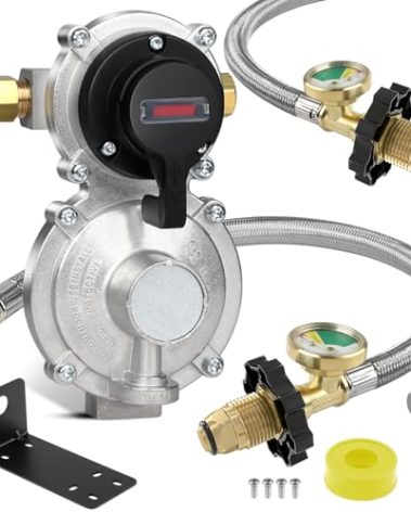 2 Stage Automatic Changeover LP Propane Gas Regulator with 36" RV Pigtail Propane Hoses with Gauge POL Connect 100 lb propane tank regulator 1/4" Inverted Male Flare, Ideal for Trailers and Camper RVs