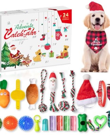 Advent Calendar 2025, Dog Advent Calendar 2025, 24 Days Dog Toy Christmas Countdown Calendar with Chew Ropes Toys Squeaky Balls Teething Toys Christmas Toy Gift for Xmas Small Large Dog Puppy Pet