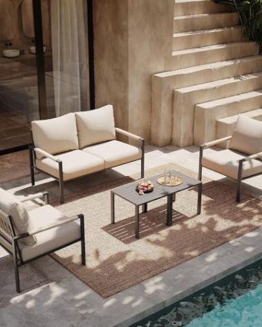 Metal Patio Furniture Set, 5-Piece Modern Patio Set with Sofa and Coffee Tables, Outdoor Furniture Set for Garden, Backyard, Balcony, Poolside (Warm Grey)