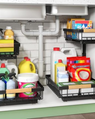 Under Sink Organizer, 2 Packs 2 Tier Under Sink Organizers and Storage, Slide out Pull out Cabinet Organizer Shelf, Metal Sliding Drawer for Kitchen Bathroom Pantry Cabinet Closet Organization Rack