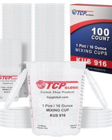 Custom Shop Paint Mixing Cups, 16-Ounce (Box of 100) - Plastic Measuring Cups for Liquids, Automotive Painting, Epoxy Resin, Acrylic Arts, Crafts, Disposable or Reusable, Graduated, Mixing Ratios