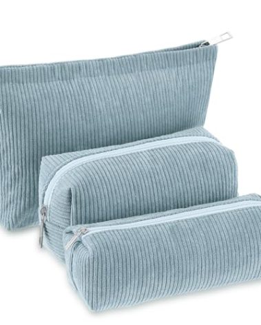 Huhumy 3 Pcs Makeup Bag Set for Women Corduroy Cosmetic Pouch Aesthetic Smile Travel Toiletry Bag Cute Purse Pouch Pencil Case Makeup Brushes Storage Organizer for Christmas(Blue,Solid Style)