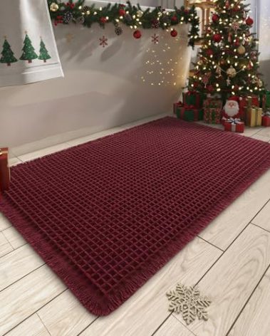 Upgraded Christmas Waffle Bath Mat, Super Absorbent Non Slip Bath Mats for Bathroom Floor, Machine Washable Bathroom Rugs with Tassels, Rubber Backed Bathroom Mats, Ultra Soft, 20" x 32", Burgundy