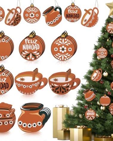Soulchen 24 Pcs Christmas Mexican Barro Ornaments Bulk for Christmas Tree Wooden Talavera Party Decor Feliz Navidad De Barro Clay Pottery Hanging Cups for Xmas Tree Fiesta Party, 8 Styles