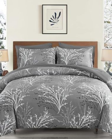 DJY Gray Comforter Set King Size Branch Botanical Bed in a Bag 7 Piece Grey Floral Comforter - Soft Microfiber Branches Pattern Bedding Comforter Set with Pillowcases and Sheets Set, 104''x90''