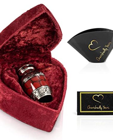 Small Keepsake Cremation Urns for Human Ashes with Velvet Heart Case and Funnel - Crimson : Deep Red Brass Hand Engraved Mini Memorial Urn