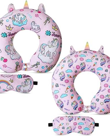 Thyle 2 Set Unicorn Neck Travel Pillow for Kids and Eye Mask Lightweight Travelling Sleeping Pillow Set for Airplane, Car, Train, Bus and Home Use Support Blindfolds