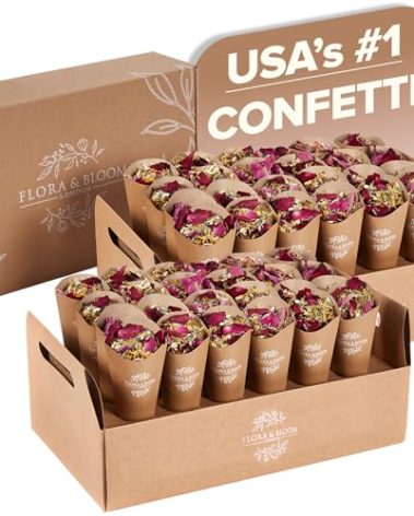 Flora & Bloom Biodegradable Confetti With Pre Built Cones | Dried Flowers (6 Litres) | Wedding Confetti Kit | Pop Open Cones & Tray |Jasmine, Lavender & Rose Petals | Wedding Decorations (48 Guests)