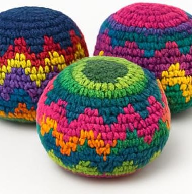 Funny Guy Mugs Multicolored Crochet Assorted Geometric Pattern Hacky Ball, Foot Bag Kick Sack, Indoor and Outdoor Toys for Kids and Adults, Set of 3
