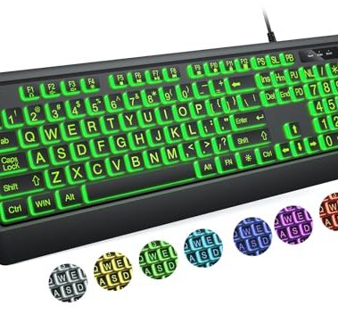 KOPJIPPOM Large Print Keyboard - 7 Interchangeable Backlight Colors, Light Up USB Wired Computer Keyboards, USB Plug-and-Play, Foldable Stands, Corded Full Size Keyboard for Windows, PC, Laptop