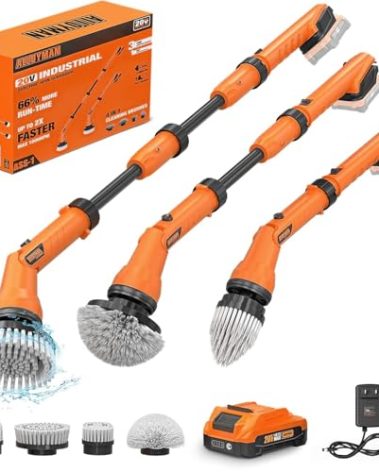 1000RPM Electric Spin Scrubber, 20V Cordless Cleaning Brush with Adjustable Extension Arm, 4 Replaceable Cleaning Heads, Hook and Gloves, 1 Hour Fast Charge, Waterproof - for Bathroom/Tub/Tile/Floor