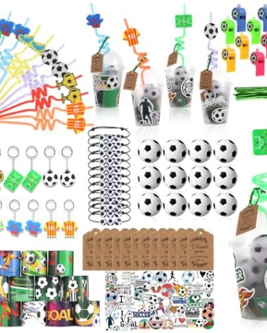 LiYiQ 158 Pcs Soccer Party Favors with Cup Straw Stress Ball Keychain Sticker Slaps Bracelets Whistle Thank You Tags for Soccer Birthday Decorations