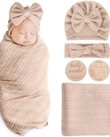 AQOKKA Newborn Receiving Blanket with Bow Hat Headband Wooden Card Set Wheat-Pattern Newborns Toddler Baby Boy Girl Nursery Swaddle Wrap