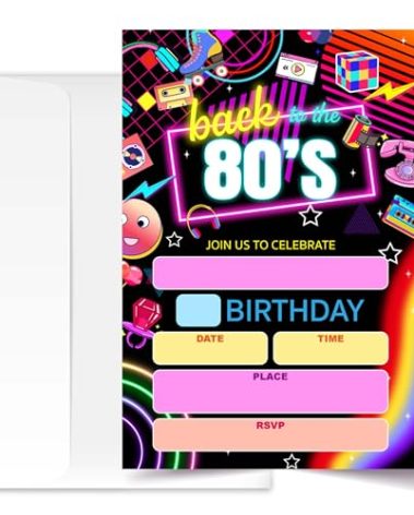 ANYEMW 4x6 80s Birthday Invitation, 1980s Party Decorations, 80s Theme Party, Party Invitations Adult, Kids Birthday Invitations, 20 Cards with 20 Envelopes.(26)