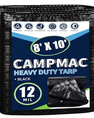 CAMPMAC Black Tarps Heavy Duty Waterproof 8x10, 12 Mil Thick, High Durability, Rip and Tear Resistant with Metal Grommets Every 20 Inches