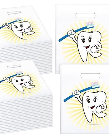 Aliceset 300 Pcs Tooth Merchandise Bags with Handles Plastic Dental Bags for Patients Dental Gifts Bulk for Dentist Office Goodie Packaging Appreciation Gifts Retail Party Favor, 8.27x9.45in (Cute)